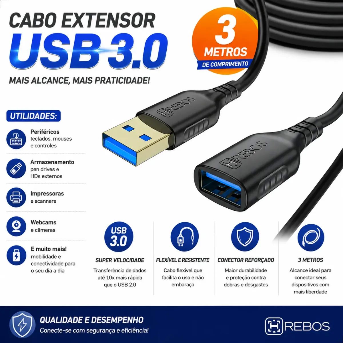 Cabo Extensor Usb 3 Metros